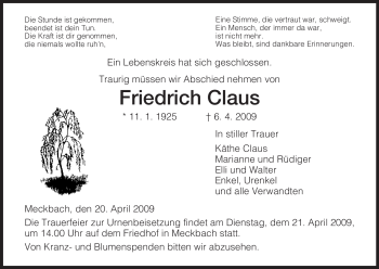 Traueranzeigen Von Friedrich Claus Trauer Hersfelder Zeitung De