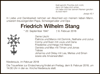 Traueranzeigen Von Friedrich Wilhelm Stang Trauer Hersfelder Zeitung De