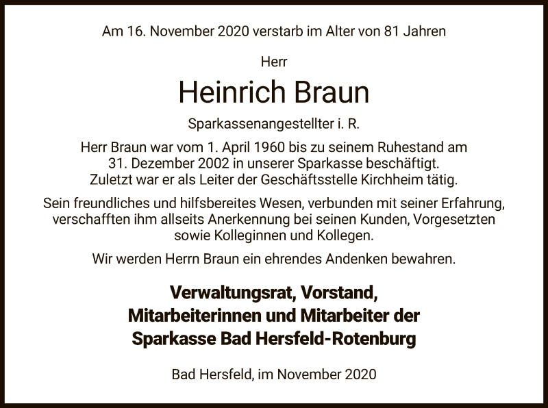 Traueranzeigen Von Heinrich Braun Trauer Hersfelder Zeitung De