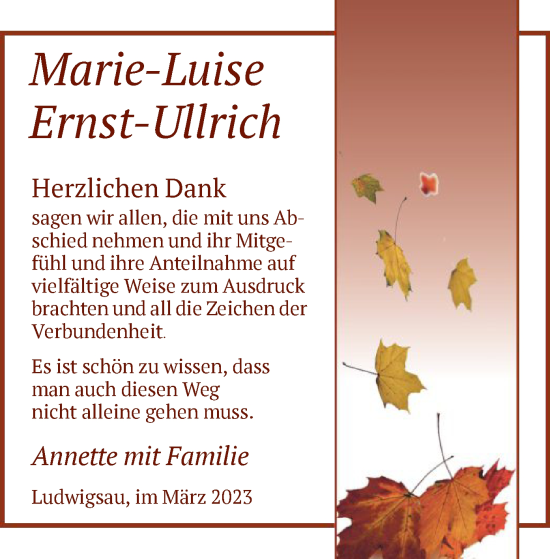 Traueranzeige von Marie-Luise Ernst-Ullrich von HZ