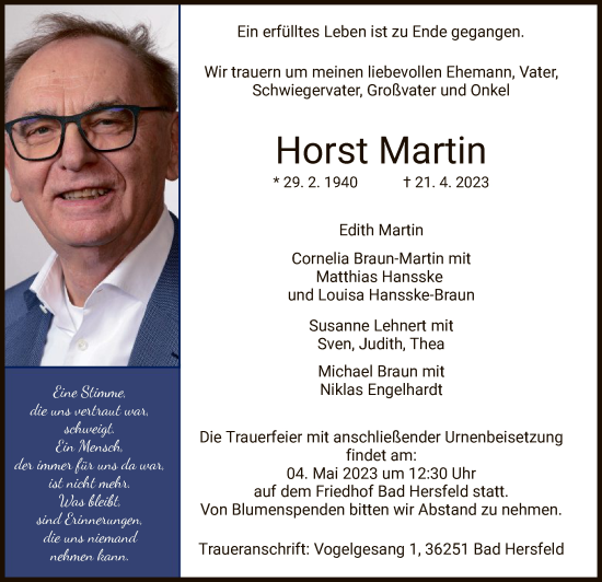 Traueranzeigen Von Horst Martin Trauer Hersfelder Zeitung De