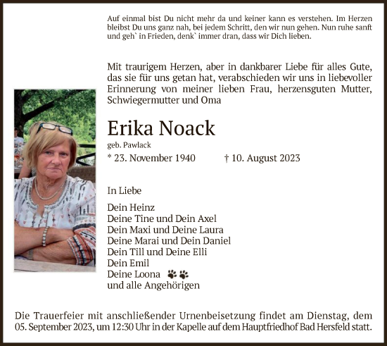 Traueranzeigen Von Erika Noack Trauer Hersfelder Zeitung De