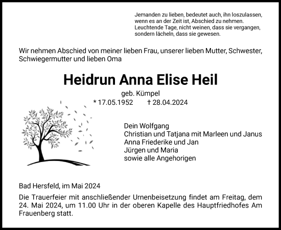 Traueranzeige von Heidrun Anna Elise Heil von HNAHZ
