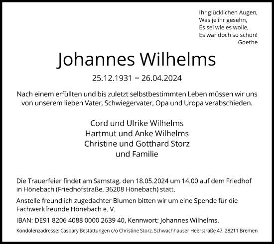 Traueranzeige von Johannes Wilhelms von HNAHZ