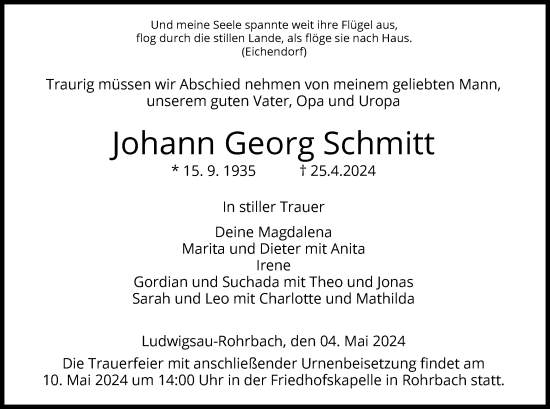 Traueranzeige von Johann Georg Schmitt von HZ