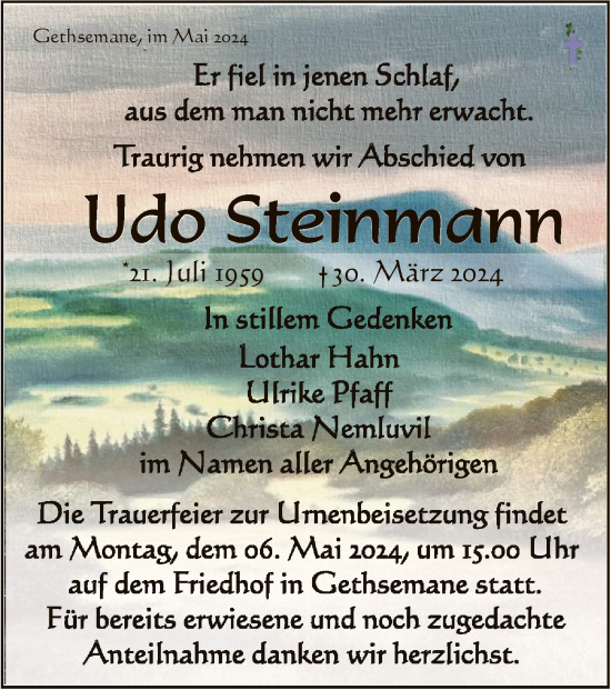 Traueranzeige von Udo Steinmann von HZ