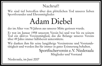 Traueranzeige von Adam Diebel von HERSFELDER ZEITUNG