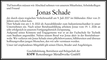 Traueranzeige von Jonas Schade von HERSFELDER ZEITUNG