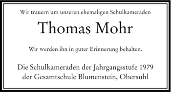 Traueranzeige von Thomas Mohr von HERSFELDER ZEITUNG