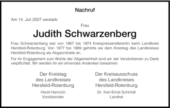 Traueranzeige von Judith Schwarzenberg von HERSFELDER ZEITUNG