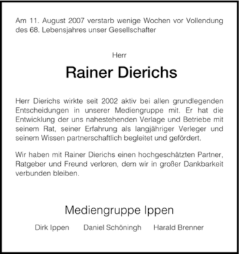 Traueranzeige von Rainer Dierichs von HERSFELDER ZEITUNG