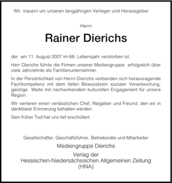 Traueranzeige von Rainer Dierichs von HERSFELDER ZEITUNG