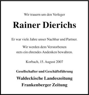 Traueranzeige von Rainer Dierichs von HERSFELDER ZEITUNG