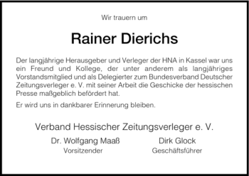 Traueranzeige von Rainer Dierichs von HERSFELDER ZEITUNG