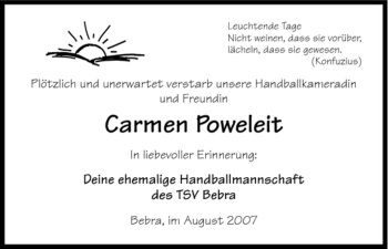 Traueranzeige von Carmen Poweleit von HERSFELDER ZEITUNG