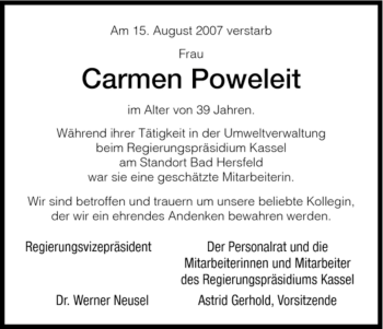 Traueranzeige von Carmen Poweleit von HERSFELDER ZEITUNG