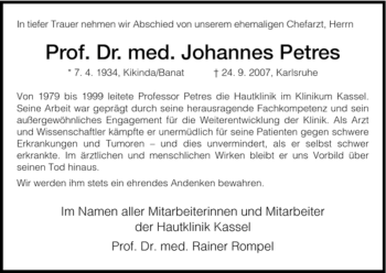 Traueranzeige von Johannes Petres von HERSFELDER ZEITUNG