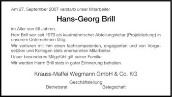 Traueranzeige von Hans-Georg Brill von HERSFELDER ZEITUNG