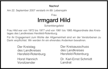 Traueranzeige von Irmgard Hild von HERSFELDER ZEITUNG
