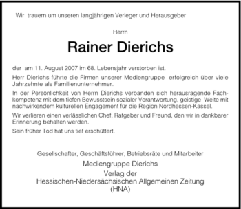 Traueranzeige von Rainer Dierichs von HERSFELDER ZEITUNG