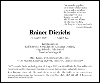 Traueranzeige von Rainer Dierichs von HERSFELDER ZEITUNG