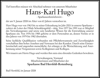 Traueranzeige von Hans-Karl Hugo von HERSFELDER ZEITUNG