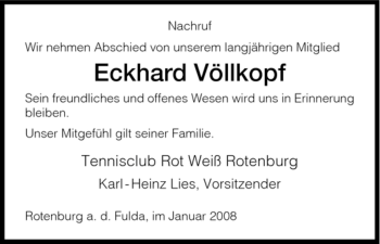 Traueranzeige von Eckhard Völlkopf von HERSFELDER ZEITUNG