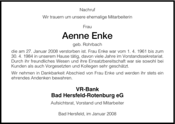 Traueranzeige von Aenne Enke von HERSFELDER ZEITUNG