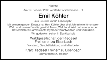 Traueranzeige von Emil Köhler von HERSFELDER ZEITUNG