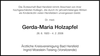 Traueranzeige von Gerda-Maria Holzapfel von HERSFELDER ZEITUNG
