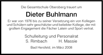 Traueranzeige von Dieter Buhlmann von HERSFELDER ZEITUNG