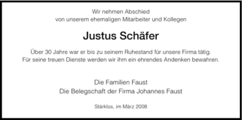 Traueranzeige von Justus Schäfer von HERSFELDER ZEITUNG