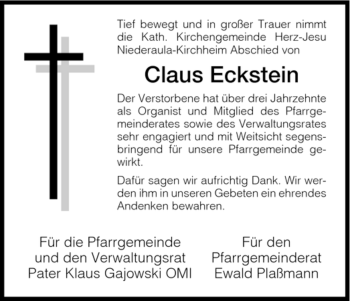 Traueranzeige von Claus Eckstein von HERSFELDER ZEITUNG