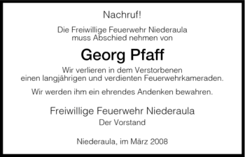 Traueranzeige von Georg Pfaff von HERSFELDER ZEITUNG
