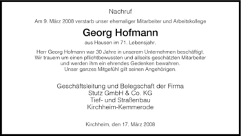 Traueranzeige von Georg Hofmann von HERSFELDER ZEITUNG