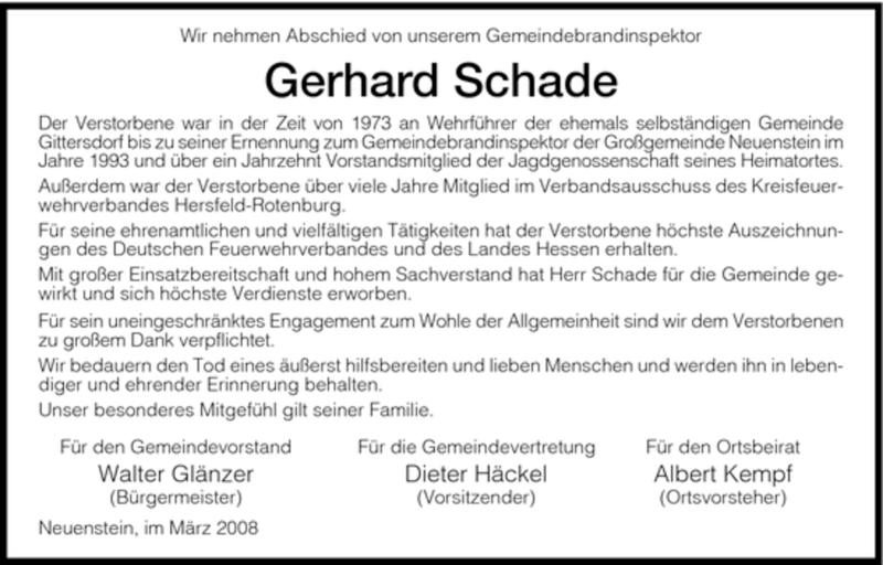  Traueranzeige für Gerhard Schade vom 18.03.2008 aus HERSFELDER ZEITUNG