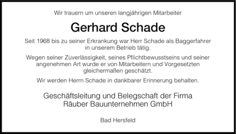  Traueranzeige für Gerhard Schade vom 18.03.2008 aus HERSFELDER ZEITUNG