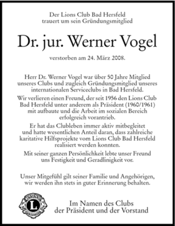 Traueranzeige von Werner Vogel von HERSFELDER ZEITUNG