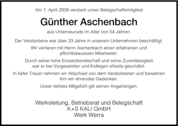 Traueranzeige von Günter Aschenbach von HERSFELDER ZEITUNG