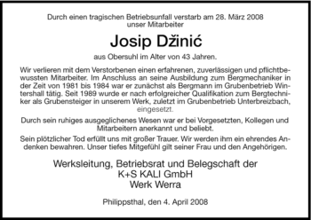 Traueranzeige von Josip Dzinic von HERSFELDER ZEITUNG