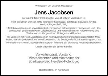 Traueranzeige von Jens Jacobsen von HERSFELDER ZEITUNG