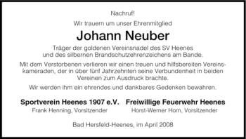 Traueranzeige von Johann Neuber von HERSFELDER ZEITUNG