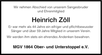 Traueranzeige von Heinrich Zöll von HERSFELDER ZEITUNG