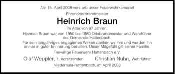 Traueranzeige von Heinrich Braun von HERSFELDER ZEITUNG