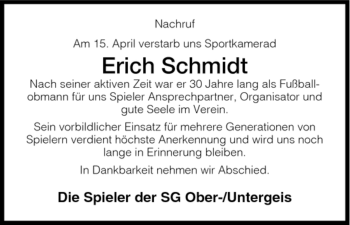 Traueranzeige von Erich Schmidt von HERSFELDER ZEITUNG