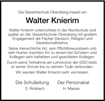 Traueranzeige von Walter Knierim von HERSFELDER ZEITUNG