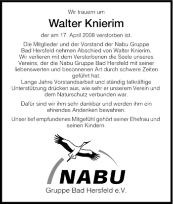 Traueranzeige von Walter Knierim von HERSFELDER ZEITUNG