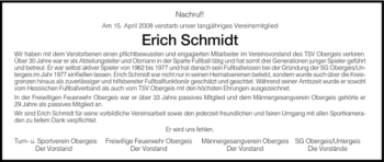 Traueranzeige von Erich Schmidt von HERSFELDER ZEITUNG