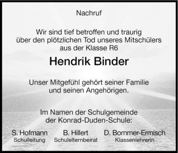 Traueranzeige von Hendrik Binder von HERSFELDER ZEITUNG