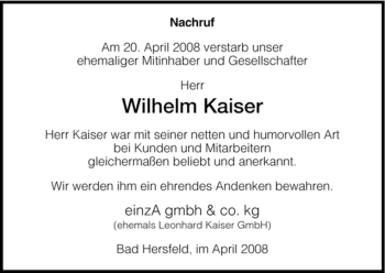 Traueranzeige von Wilhelm Kaiser von HERSFELDER ZEITUNG